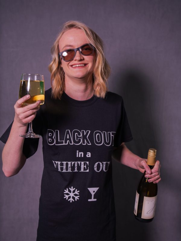 a woman wearing drinking shirts